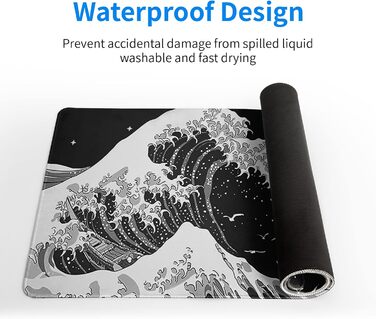 Чорне абстрактне килимок для миші з морем, 80x20 см - килимок для миші з текстурою хвилі, антиковзаюча гумова основа, великий килимок для столу для офісу та дому