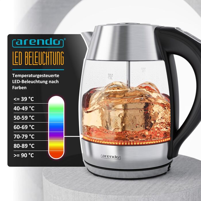 Електричний чайник Arendo зі скляною колбою, регулюванням температури, нержавіючою сталлю, LED-підсвічуванням, 2200 Вт, 1.8 л, 2 кришки (з та без сита для чаю), фільтр від накипу, функція підтримки тепла