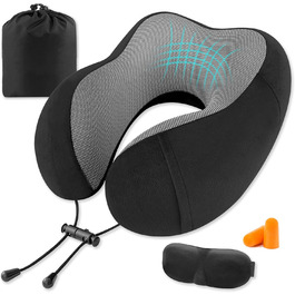 Подушка для шиї у літак CNMTCCO, регульована, з піною Memory Foam, ергономічна, з навушниками, маскою для очей, сумкою, для подорожей (літак, авто), чорна