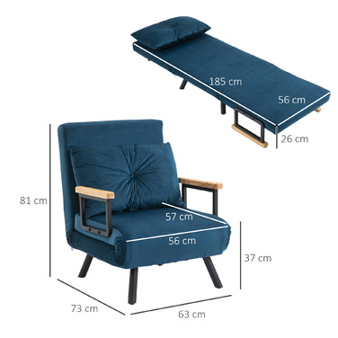 HOMCOM Sleeper Sofa Recliner Bed Function Guest Bed Velvet Backrest Cushion Adjustable Backrest Blue 63x73x81cm | Aosom