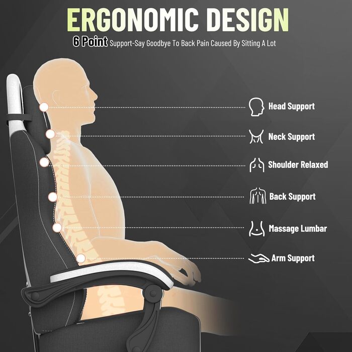 Геймерське крісло Ferghana Ergonomic з підтримкою спини, голови та підставкою для ніг - чорно-біле