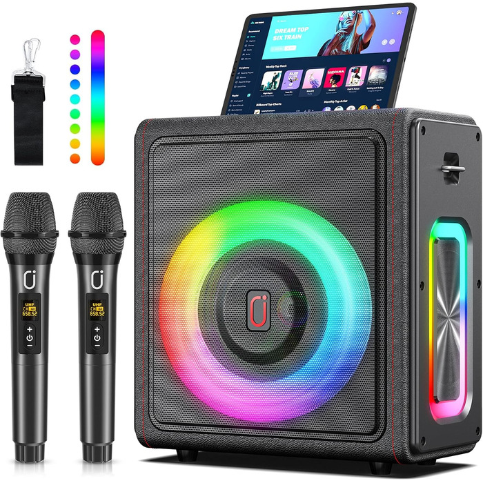 Караоке машина HWWR з 2 бездротовими мікрофонами, портативна Bluetooth 5.3 акустика з RGB-підсвіткою, PA-система для вечірок, Partybox, TWS, чорний