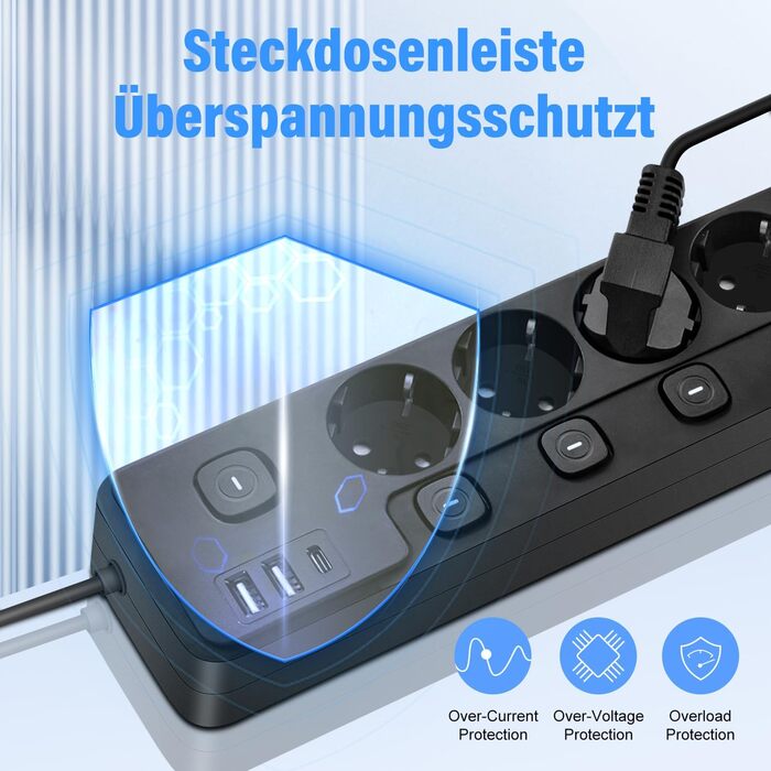 Мережевий фільтр 5-портовий з USB-A та USB-C, з індивідуальним вимикачем, захист від перенапруги, для дому та офісу (3M)