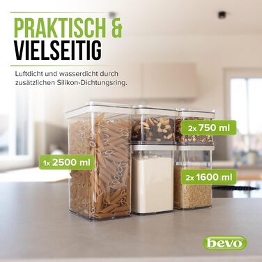bevo - Set of 5 Storage Containers for the Kitchen made of PET with Lid for Food - Storage Containers & Storage Boxes BPA-free, Airtight - Boxes for Storing & Organizing Cereal, Flour, Pasta & Rice