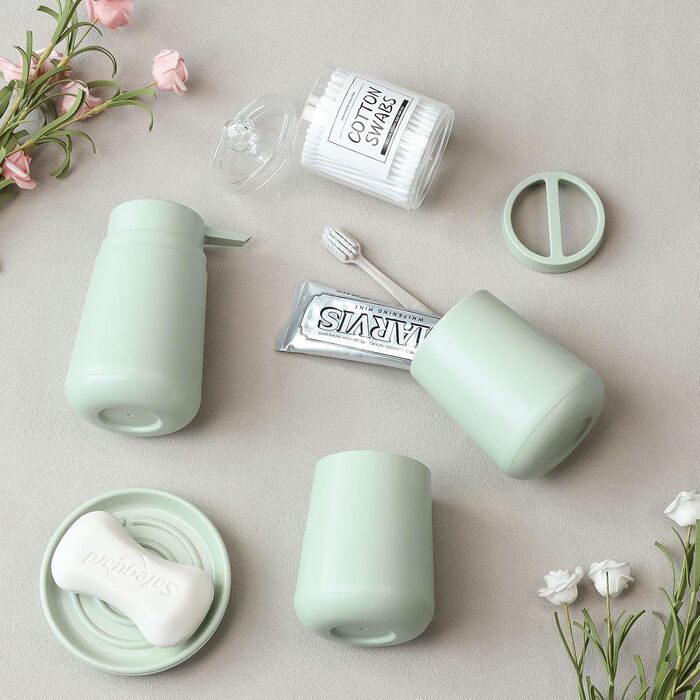 Набір аксесуарів для ванної кімнати IMAVO 4 шт: тримач для зубних щіток, стаканчик, дозатор мила, мильниця. Зелений колір