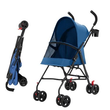 Візок для собак та котів OHMG, складаний, до 20 кг, з гальмами, великий кошик, 3 вікна, тримач для напоїв, блакитний