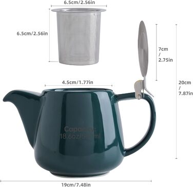 VIVILINEN Porcelain Teapot Ceramic Handmade 18/8 Stainless Steel Infuser Stainless Steel Fine Mesh Infuser with Filter (Green)