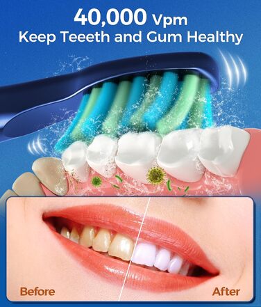 Електрична зубна щітка Demita зі звуковими коливаннями, 8 насадок, 40000 VPM, 5 режимів, швидка зарядка (30 днів роботи), чохол для подорожей (S1, 5-deepblue)