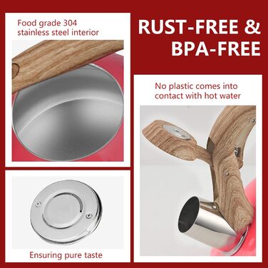 Чайник Harriet Teekessel для плити, 2,5 л, з флейтою, 5-шаровий, з нержавіючої сталі, з термостійким ручками, для газових та електричних плит, червоний, блискучий