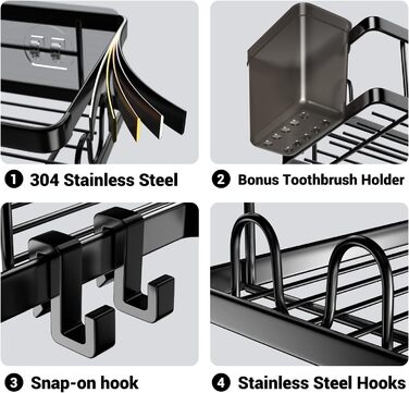 FINIBO Shower Shelf No Drilling, 2 Pack Adhesive Corner Shelf Bathroom Organizer, Shower Shelf Stainless Steel with 4 Hooks and 2 Toothpaste Holders, Black Shower Shelf Shower Basket for Bathroom Kitchen