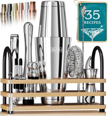 Bare Barrel® Cocktail Shaker Set - 14 Piece Mixology Bar Set with Boston Shaker, Martini Accessories, & Recipe Cards - Perfect Home Bar Gift Set