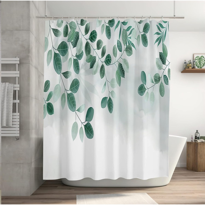 Штора для душу M&W DAS DESIGN з поліестеру, листя зелені та золота, водовідштовхувальна, антигрибкова, з кільцями 180x200 см