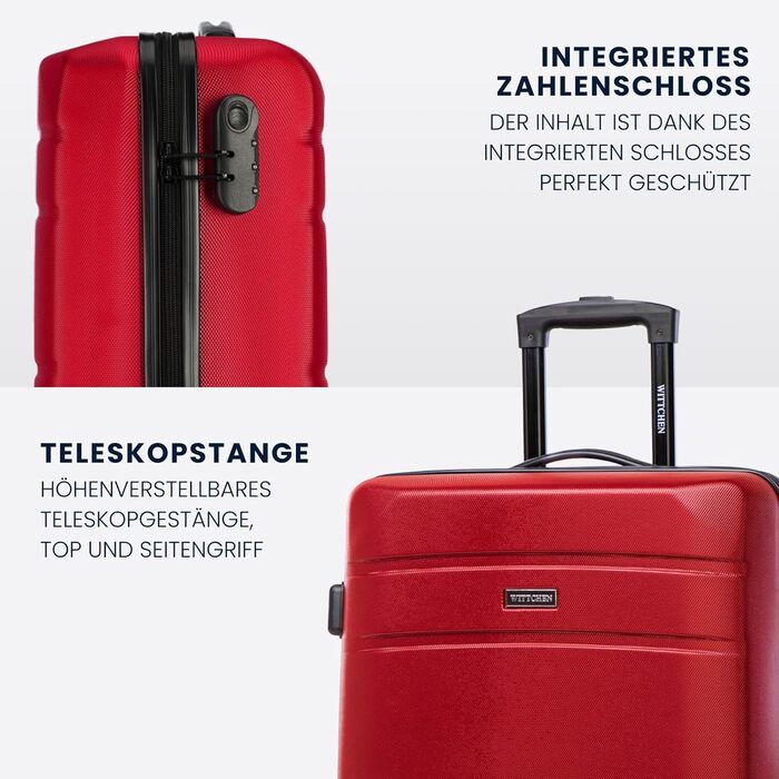 ЧемоданWITTCHEN Globe Line: Ручна поклажа, Trolley з ABS, 4 колеса, кодовий замок, телескопічна ручка, розмір S, підходить для Lufthansa/Eurowings/Ryanair/Condor/Discover Airlines (Набір з 4 шт., Червоний)