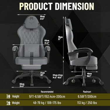 Геймерське крісло Ferghana Ergonomic - з підтримкою попереку, голови та підставкою для ніг, регульоване, обертається, дихаючий льон (сіро-чорне)