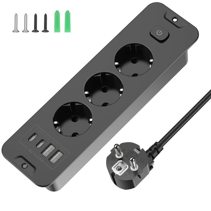 Мережевий фільтр 5 розеток з індивідуальним вимикачем, з 2 USB-A та 2 USB-C, розгалужувач розеток 5 розеток зі switch, мережевий фільтр настінний з 2м кабелем, PD 20W - (3 розетки 4 USB, Чорний)