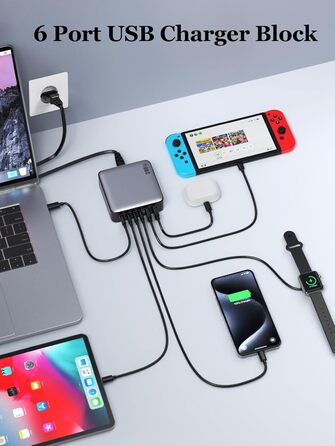 Мережевий адаптер USB-C на 6 портів 200W з GaN III Tech, PD+QC, з 4 USB-C та 2 USB-A, для ноутбуків та мобільних пристроїв (MacBook, iPad, iPhone, Samsung)