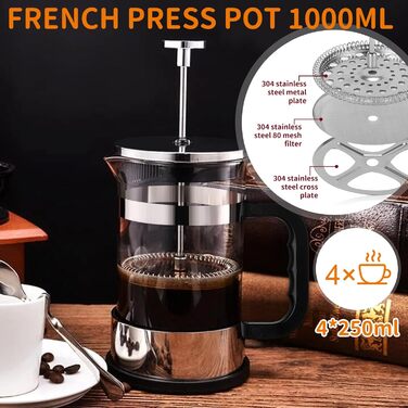 UCAMP Френч-прес для кави та чаю, 1000 мл, скляна кавова преса, портативна кавоварка з потрійним фільтром, для подорожей та подарунків
