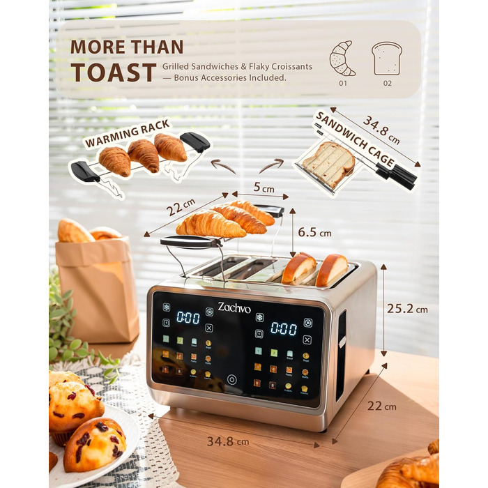 Тостер на 4 шматочки з сенсорним екраном та таймером – нержавіюча сталь, довгі слоти, 2 незалежні зони температури, підставка для бургерів та сендвічів, 6 програм, срібний колір