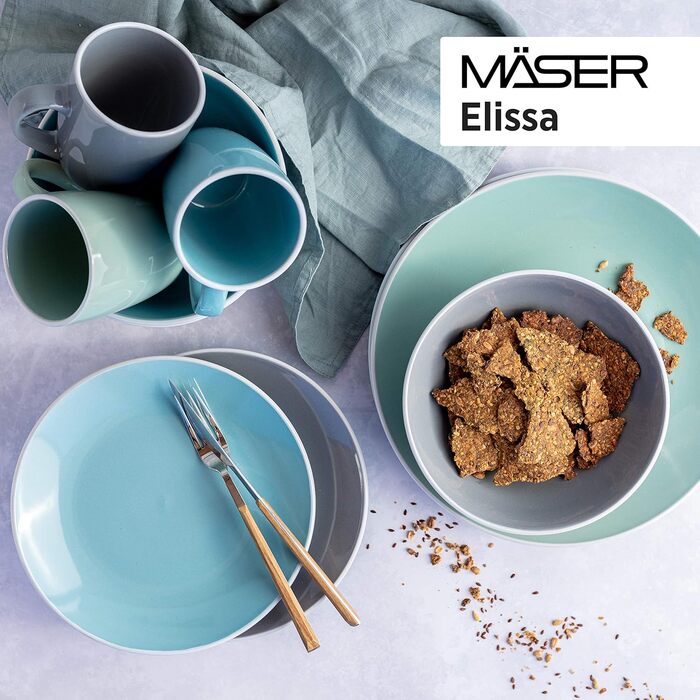MÄSER 931844 Elissa Series Modern Dinnerware Set for 6 People in Blue with White Rim, 24-Piece Combination Service, Stoneware
