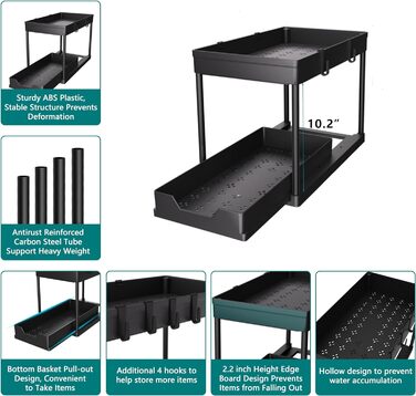DEKAVA Kitchen Organizer, 2 Under Sink Shelf, Closet Kitchen Organizer with 4 Hooks, Closet Basket for Kitchen, Bathroom, Cleaning Supplies, Detergent (Black)