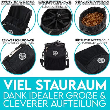Преміум сумка для ласощів для собак HUND IST KÖNIG - універсальна, містка, з дозатором для відходів та Ebook для дресирування (Чорний, 16 x 18 x 6 см)