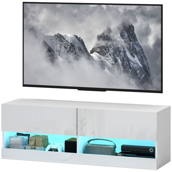 HOMCOM телевізійна шафа з кольоровим LED-підсвічуванням, 16 режимів миготіння, настінна телевізійна шафа, комод з шухлядами, відкриті полиці, 120 x 35 x 40,5 см, глянсовий білий колір | Aosom