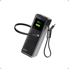Потужний павербанк SHARGE HyperTower 170W 25000mAh з TFT-дисплеєм, 4 портами (3x USB-C, 1x USB-A) та вбудованими кабелями для MacBook Pro та ноутбуків, чорний