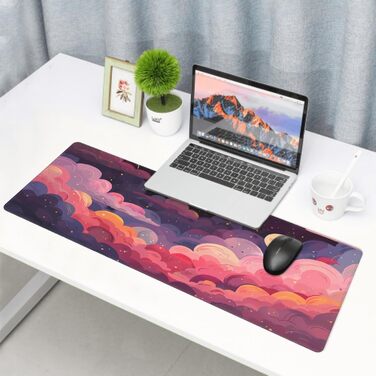Килимок для миші Japanisches Mauspad, 90 x 40 см, стиль Аніме, дизайн Арт, великий ігровий килимок, для клавіатури та столу, антиковзаюча гумова основа, прошиті краї, для дому та офісу (X-Large, Рожевий, Фіолетовий, Хмара)