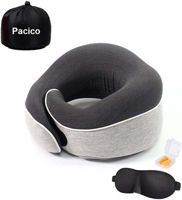 Подушка для шиї, подорожі: Memory Foam, для авто, поїздів, літаків. Комплект з маскою для очей та навушниками (світло-сіра)
