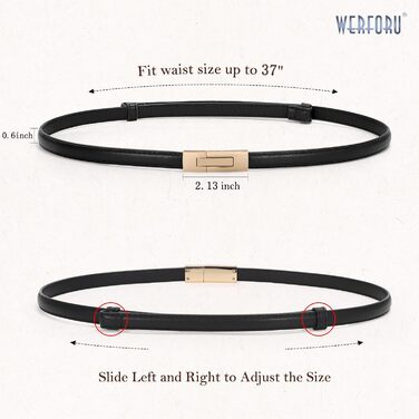 Жіночий шкіряний ремінь WERFORU - тонкий, регульований, з декоративною золотистою пряжкою, чорний+коричневий, довжина 105 см, розмір талії до 93 см