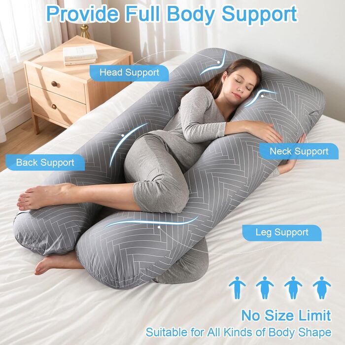 Тілоподушка SHANNA для сну на боці, U-подібна, вагітним, знімний чохол, 70 x 145 см (Сірий смугастий)