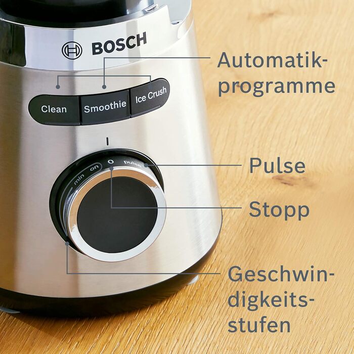 Блендер стаціонарний Bosch VitaPower Serie 4 MMB6382M, 1200 Вт, 1,5 л, скляна чаша, леза з нержавіючої сталі, Німеччина, 30 000 об/хв, аксесуари для посудомийної машини
