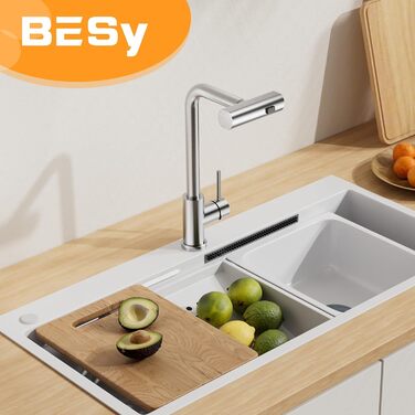 Кухонний змішувач BESy з 3 режимами струменя, висувна лійка, водоспад, поворотний на 360°, з нержавіючої сталі SUS304, для кухні
