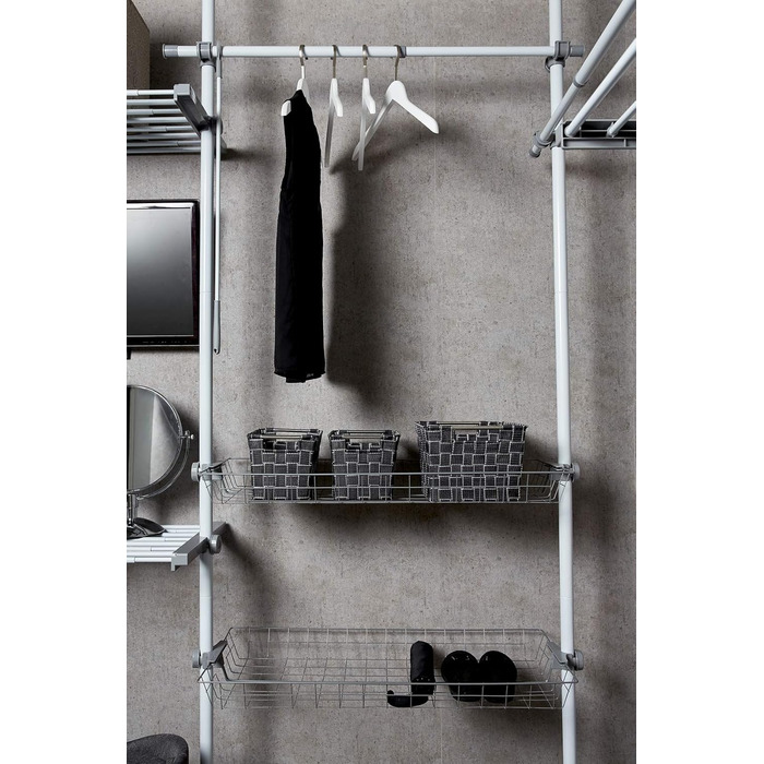 WENKO Telescopic System Hercules Duo, 3 Clothes Rails, 2 Storage Baskets, Extendable, Powder-Coated Metal, 164-215 x 165-300 x 38 cm, Matt (White, Single)