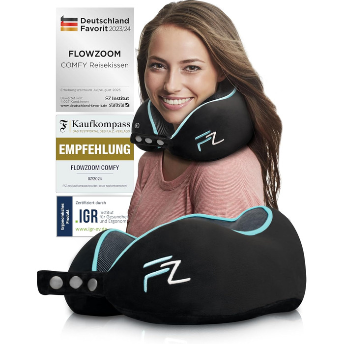 Подушка для шиї FLOWZOOM Comfy - для подорожей літаком та автомобілем. Регульована подушка з піною з пам'яті з підтримкою 360°, м'яка дихаюча обкладинка, транспортна сумка. Колір: сірий (Comfy - чорний)