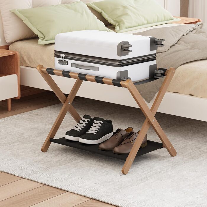 Smuxee Walnut Bamboo Luggage Rack for Guest Rooms, Folding Suitcase Stand with Storage Shelf, Lightweight Assembled Luggage Rack with 5 Nylon Straps for Guest Rooms Bedrooms Hotel