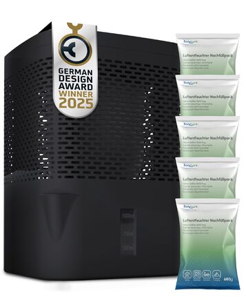 BonAura® Безструменевий осушувач повітря до 23 м² | 360° вентиляція | Осушувач для дому з виливом та 5 x 680 г гранул | Захист від плісняви та неприємних запахів | Осушувач повітря для квартири (Airone Black + 5 X гранул)