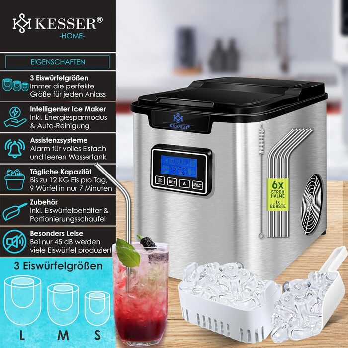 Машина для приготування льоду KESSER® з нержавіючої сталі, 150W, 12 кг/24 год, 3 розміри кубиків, таймер, LCD-дисплей, аксесуари