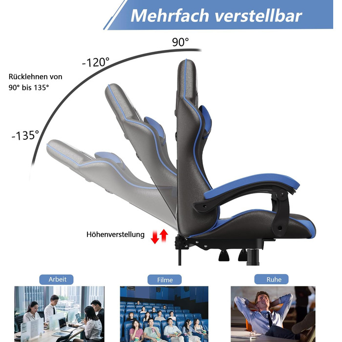 Геймерське крісло Racingreat Ergonomic: регульоване, з підголівником, PU-шкіра, для підлітків та дорослих, блакитне