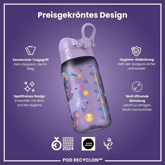 ion8 Insulated Stainless Steel Drinking Bottle 320 ml Leak-Proof One-Hand Opening Secure Locking Dishwasher-Safe Flip-Top Lid Carrying Handle Easy to Clean, Durable, Unicorn (Evo, Recyclon, Violet)