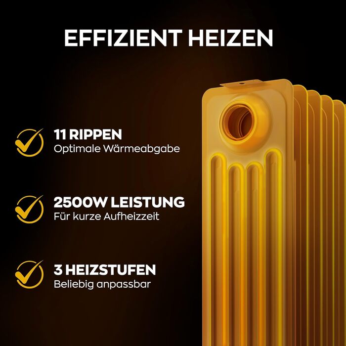 Електричний масляний радіатор Heinrich з 13 ребрами, 2500W, з вентилятором, терморегулятором, захистом від перегріву та нахилу, чорний