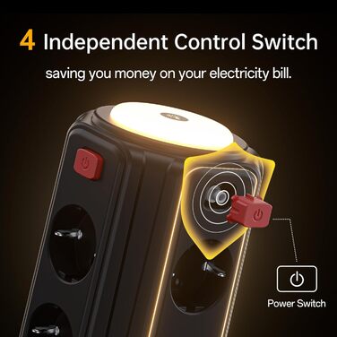 Многофункціональна мережева стрічка на 8 розеток з 4 USB та світлом, захист від перенапруги, 16A, білий (3M, чорний)
