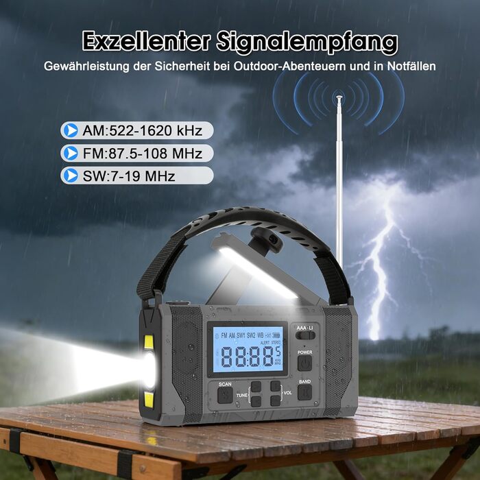 Сонячне радіо з ручним заводом 10000mAh Notfall: AM/FM, ліхтарик, SOS-сигнал, Power Bank, зарядка від сонця/USB/ручки, для кемпінгу, походу, надзвичайних ситуацій, сірий