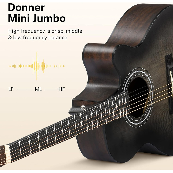 Акустична гітара Donner для дорослих та початківців, 4/4, Mini Jumbo, Cutaway, з підсилювачем, 6 сталевих струн, чорна