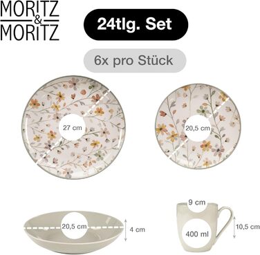 Набір посуду Moritz & Moritz PRIMAVERA з кераміки на 6 осіб (24 шт.) - сучасний сервіз з ігровим дизайном, легкий у догляді, з тарілками, мисками та чашками