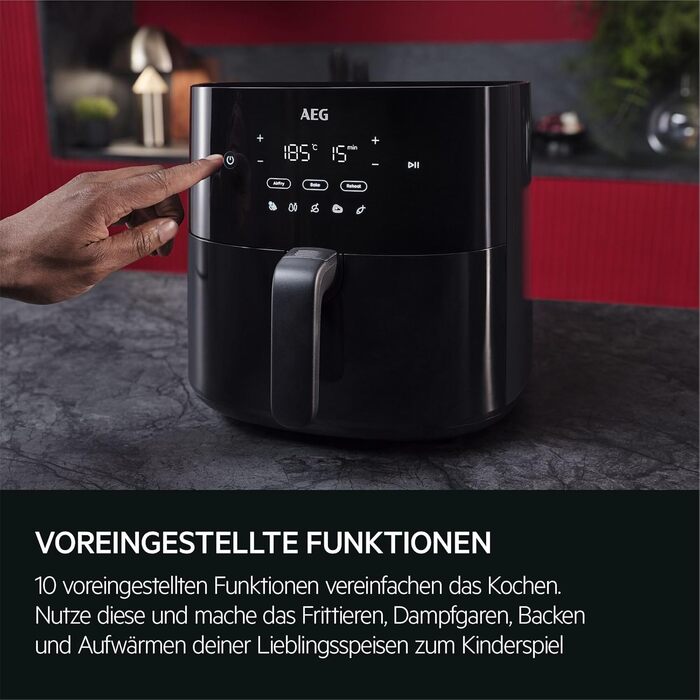 AEG AAF3B Hot Air Fryer / IF Design Award 2024 / Little to no oil / 8 programs / programmable / preheat function / 3.3l / dishwasher-safe / heat protection / flip reminder / black, 3.3l capacity, Series 6000