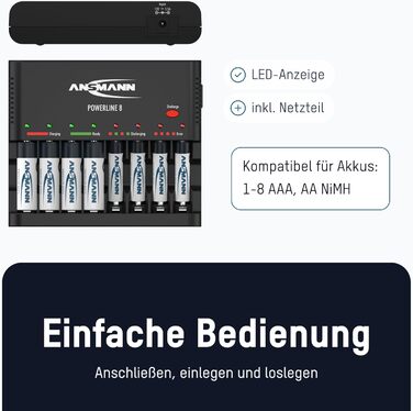 Інтелектуальний зарядний пристрій Powerline 8 для акумуляторів AA/AAA з LED-дисплеєм, дефекторозпізнаванням та захистом від перезаряду