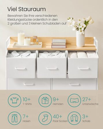 SONGMICS Chest of Drawers, Cabinet, 7 Fabric Drawers with Handles, Metal Frame, Industrial Design, Vintage Brown-Ink Black LTS137B01 (Cloud White + Oak Beige, 29W x 98.2D x 70H cm)