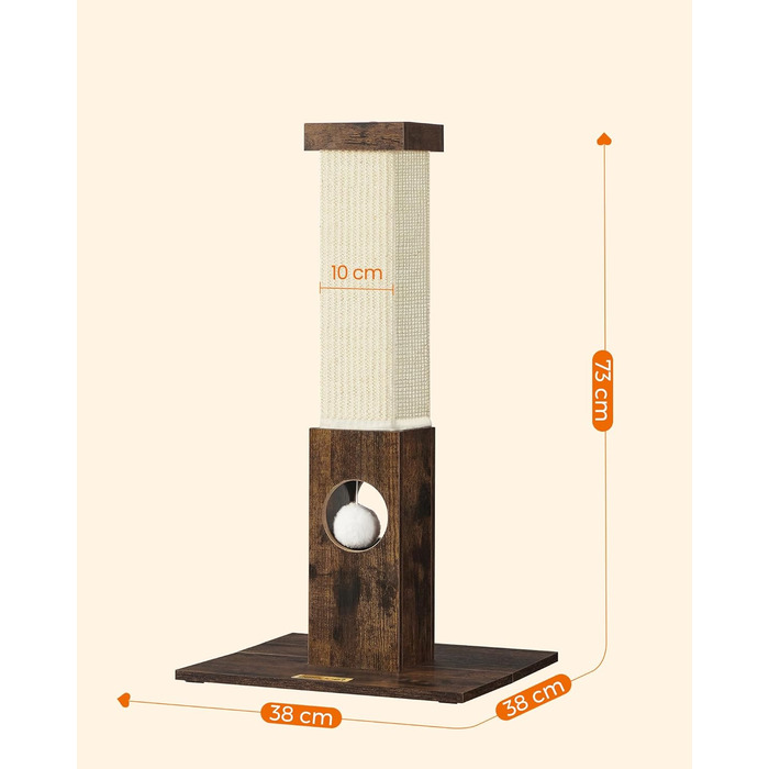 Feandrea Cat Tree, Scratching Post, Cat Scratching Tree, 10 cm Thick Trunk, Scratching Post Made of Natural Sisal Rope, 73 cm High, with Plush Play Ball, Furniture Scratch Protector, PCA021G01 (Vintage Brown)