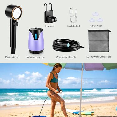 Портативний душ для кемпінгу Campingdusche з акумулятором 8000mAh, 3 режими, дисплей температури, фіолетовий